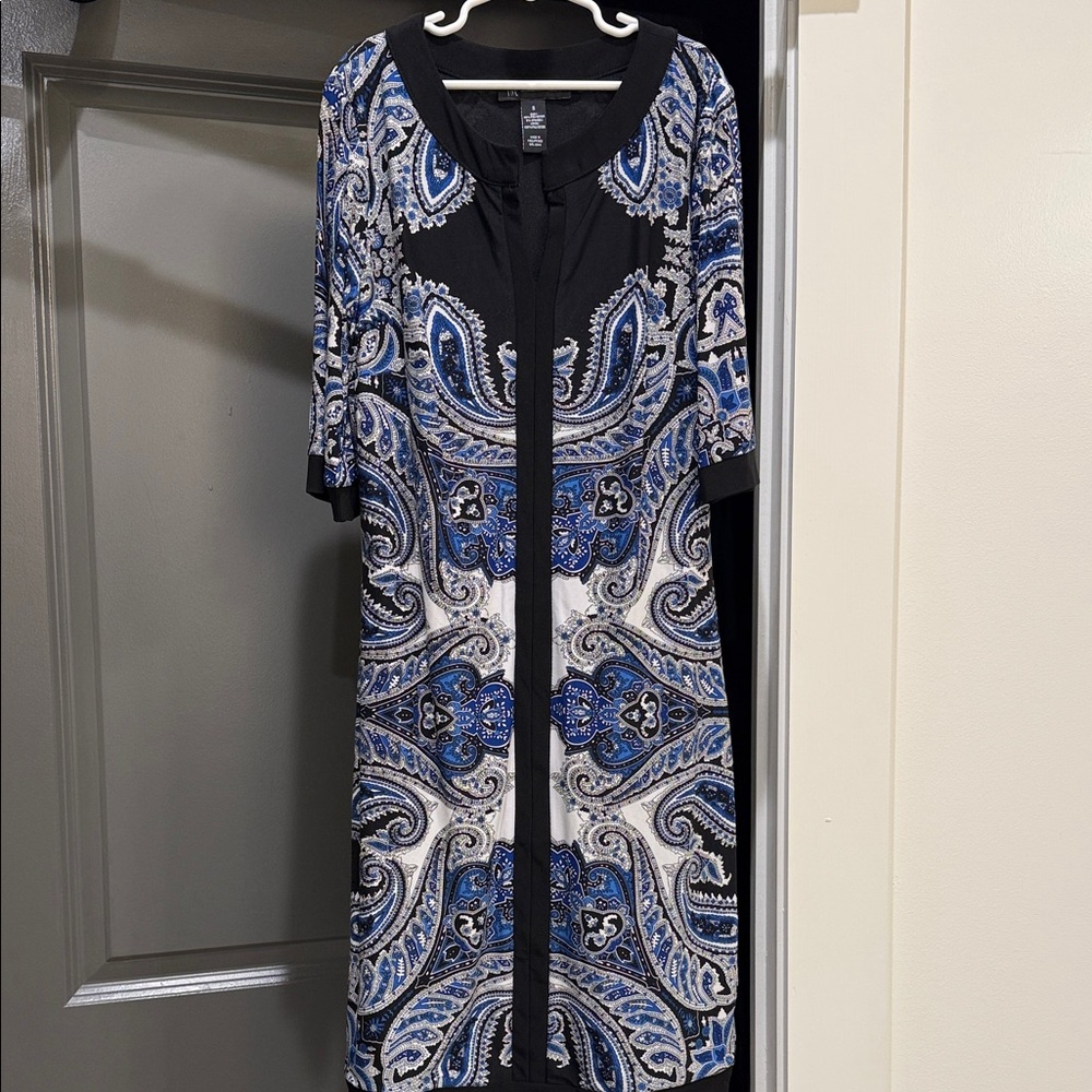 INC International Concepts Black Paisley Midi Dress with Blue & White Accents